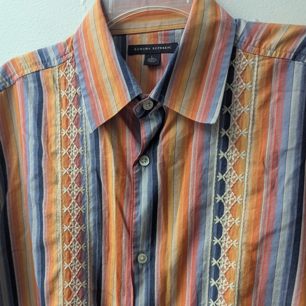 Vtg 2004 Banana Republic Button Down Shirt Orange Blue Striped Embroidered Sz L